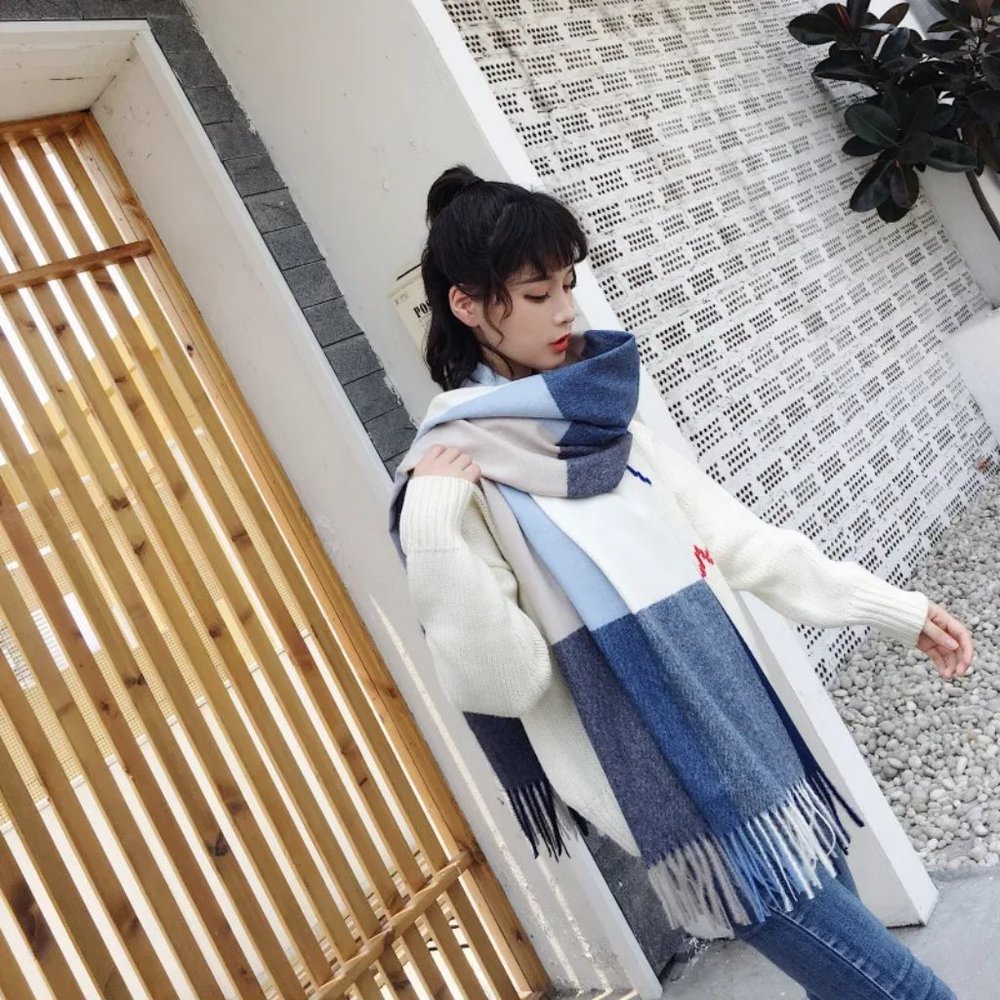 Cashmere Blend Plaid Blanket Scarf Big Long Scarf Wrap Blue & White